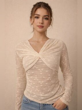 Cider Womens Mesh Lace Top Medium Cream Long Sleeve Milkmaid Coquette Dainty